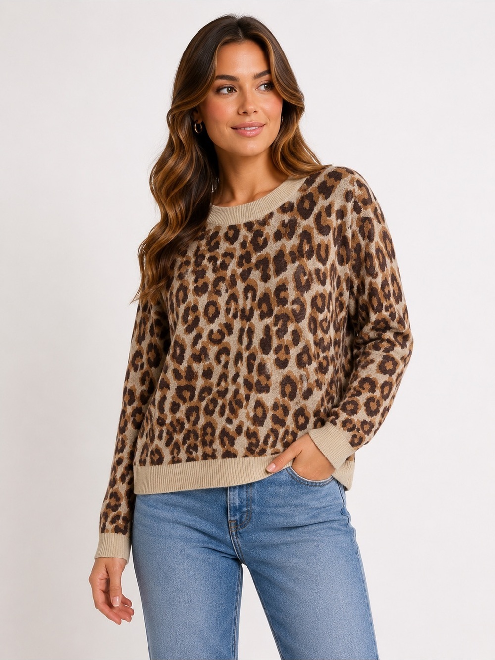 A New Day Leopard Print Sweater Large Tan Brown Animal Print Crew Neck Knit